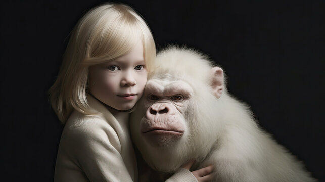 Generative AI illustration of side view albino girl in white sweater looking at camera near monkey with albinism against black backdrop