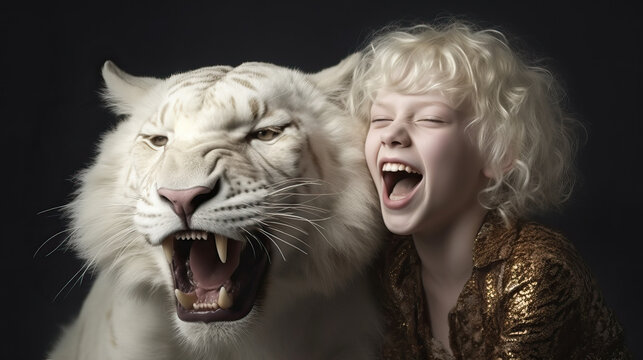 Generative AI illustration of cheerful child with albinism smiling albino lion while together in dark studio