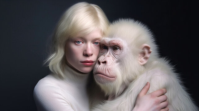 AI generated illustration of albinos preteen child hugging fluffy monkey with albinism and looking at camera on dark background
