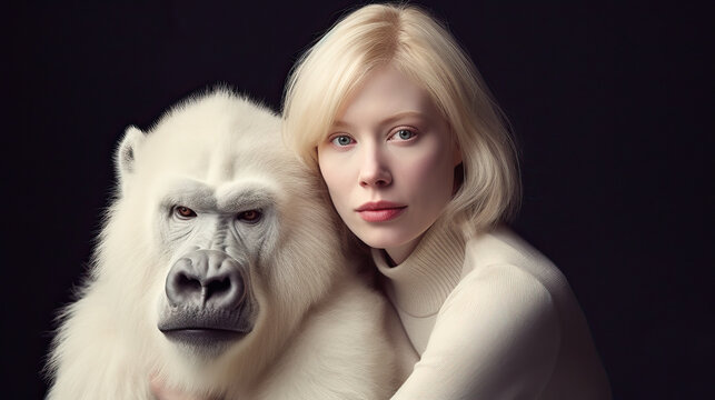 AI generated illustration of albino girl hugging with fluffy monkey and looking at camera on dark background