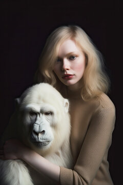 AI generated illustration of side view albino girl hugging with fluffy monkey and looking at camera on dark background