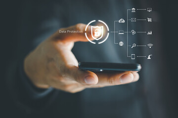 Cyber security network. Data protection concept. Businessman using laptop computer with digital...