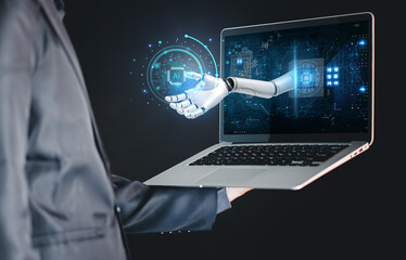 Technology and people concept man use AI to help work, AI Learning and Artificial Intelligence Concept. Business, modern technology, internet and networking concept. AI technology in everyday life.
