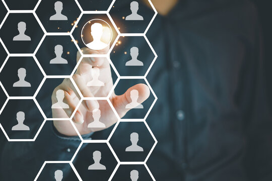 Target customer, buyer persona, marketing segmentation, job recruitment concept. Working on computer focusing on outstanding person.
