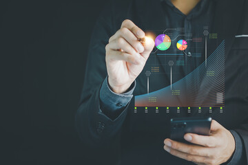 Big Data Technology for Business Finance Analytic Concept. Modern graphic interface shows massive information of business sale report, profit chart and stock market trends analysis on screen monitor.
