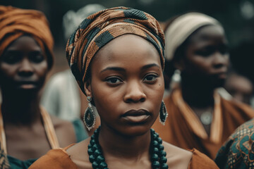 Generative AI illustration of headshot of African American female in traditional shawl and costume in earrings and necklace in crowd of women in gloomy weather