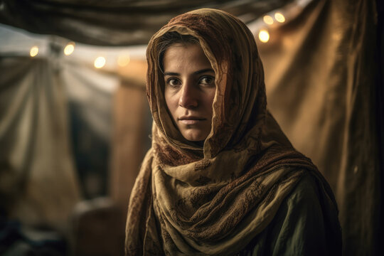 Generative AI illustration of portrait of emotionless female in traditional Muslim hijab looking away in Bedouin tent in Arabic town in evening