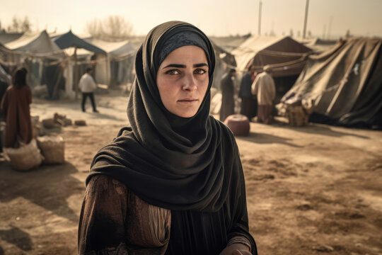 Generative AI illustration of portrait of serious female in traditional Muslim hijab looking at camera near Bedouin tents in Arabic town in daylight