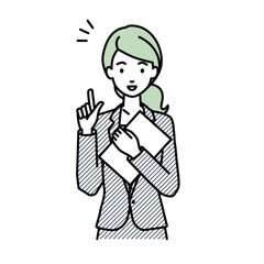 立って書類を手に持って何かひらめいたスーツの女性