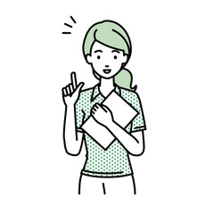 立って書類を手に持って何かひらめいたポロシャツの女性