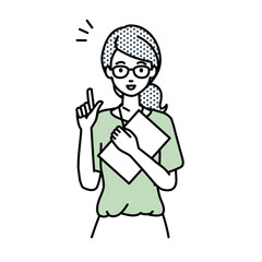 立って書類を手に持って何かひらめいた教師の女性