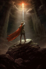 King Arthur lifts Excalibur. Story from Arthurian legend of the boy who became King by claiming the sword from the stone. Digital illustration. - 619840118