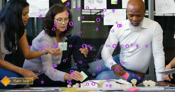 Animation of connected icons and globe over diverse coworkers with sticking notes on building model