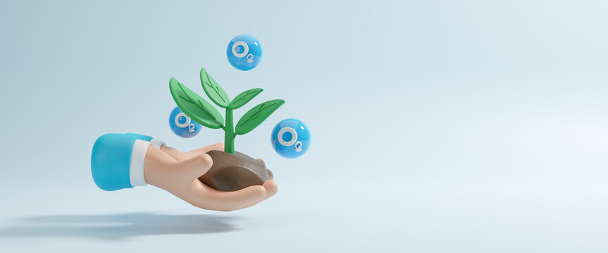 3D cartoon hand holding green seedlings and eco green clean air oxygen. Concept of fresh air, green seedling in CO2 bubbles, eco environment idea. Environment nature. 3d rendering illustration.