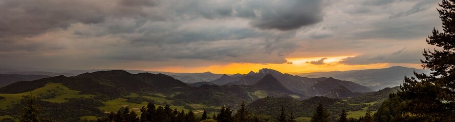 Beautiful panorama of the Pieniny Mountains.  Sunset over Three Crowns Peak