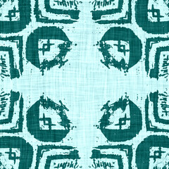 Teal blue white vibrant watercolor batik azulejos tile border banner background. Seamless coastal blur linen effect geometric mosaic effect. Patchwork nautical masculine summer ribbon trim. 
