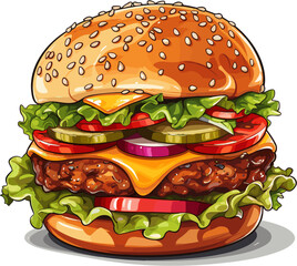 Illustration of a great delicious burger with melted cheese, lettuce, tomatoes and meat. Unhealthy food illustrations suitable for articles or presentation elements clipart.
 - obrazy, fototapety, plakaty