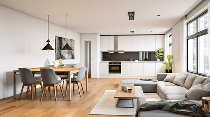 Naklejka na ściany i meble A Stylish Open Plan Kitchen and Dining Space with a Cozy Gray Sofa in a Light, Airy Room. Generative AI