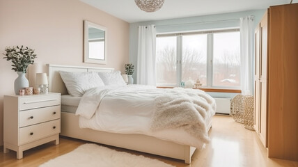 Fototapeta premium Restful Comfort in a Light Bedroom with a Cozy Bed and White Blanket. Generative AI