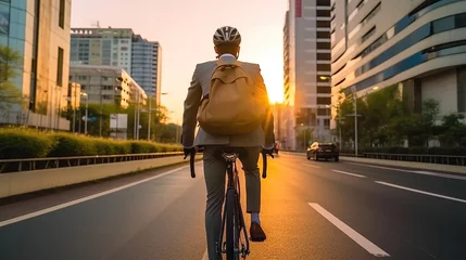 Foto auf Acrylglas businessman wearing helmet biking with bicycle on road in city to work, Generative AI © khwanchai