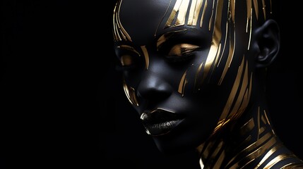 Beautiful young woman with black and gold body paint and closeup