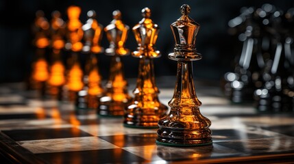 golden chess pieces on a black background.