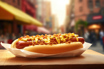 Classic New York-style hot dog with mustard and sauerkraut generative ai