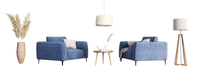 Modern interior furniture set in 3d rendering	
