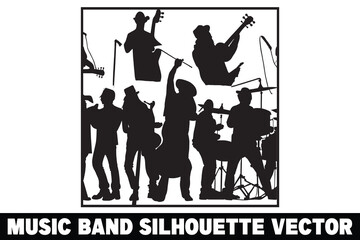 Music band group silhouette vector, Band silhouette, Band silhouette art, Musician silhouette vector.