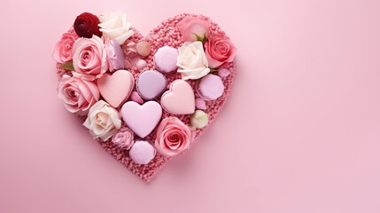 Pink fresh fragrance roses in heart shape with macaroon around pink background. romantic and beauty concept