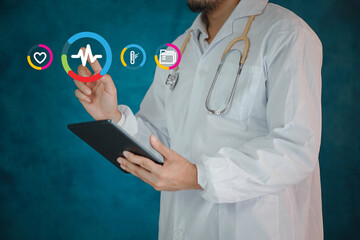 digital health care concept. Medicine doctor touching electronic medical record on virtual screen,...