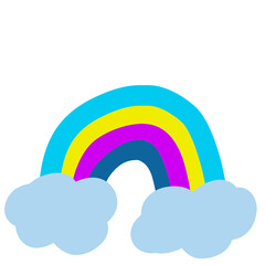 Fototapeta premium Color rainbow with clouds, sky. Vector cartoon illustration isolated on blue. Summer symbol. Sticker transparent background