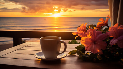 cup of coffee at sunset over the ocean Generative AI - obrazy, fototapety, plakaty