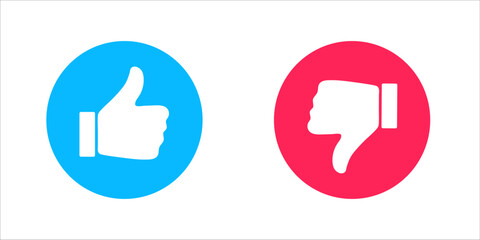 Thumb up or down icon. Ok and bad sign in rainbow style. Positive and negative choice. Isolated illustration of like or dislike decision. Social style of buttons.  - obrazy, fototapety, plakaty