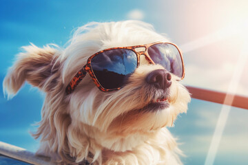 cool dog with sunglasses enjoying summer on the beach
