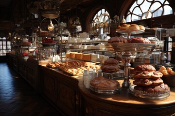 Old city bakery in the morning. A large assortment of bakery products is presented on the shelves of the bakery. Generative AI