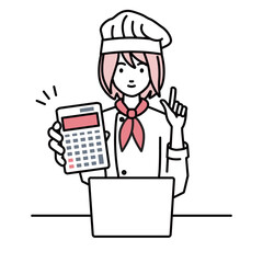 a woman cook recommending, proposing, showing estimates and pointing a calculator with a smile in front of laptop pc