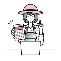 a farmer woman recommending, proposing, showing estimates and pointing a calculator with a smile in front of laptop pc