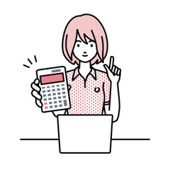 a woman in polo shirt recommending, proposing, showing estimates and pointing a calculator with a smile in front of laptop pc