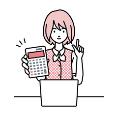 a woman in clerical uniform recommending, proposing, showing estimates and pointing a calculator with a smile in front of laptop pc