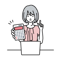 a woman in casual work style recommending, proposing, showing estimates and pointing a calculator with a smile in front of laptop pc