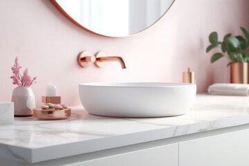 Naklejka na ściany i meble A pink sink with a golden faucet in the interior of a modern bathroom. Photorealistic illustration of Generative AI.