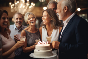 Elderly men and women celebrate birthday with cake. Photorealistic illustration of Generative AI.