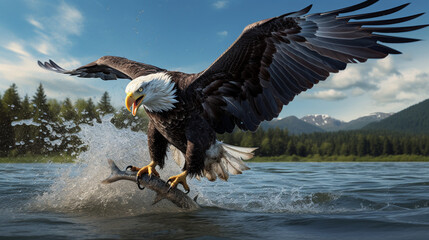 Bald eagle catching fish