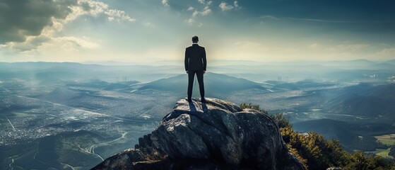 Successful Business, businessman success and achieve to goal on top of mountain in sunset, Generative AI