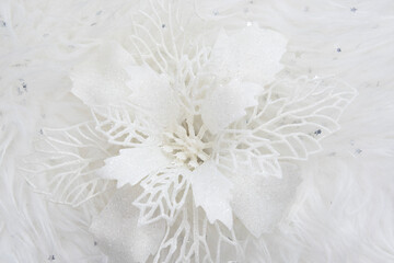 close up of white poinsettia flower decoration on a white faux fur background with silver star...