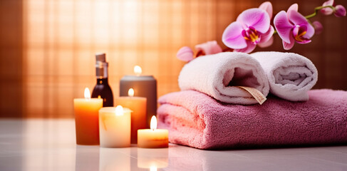 Serenity Retreat, Enhancing Feminine Beauty with Spa Essentials, a Stack of Towels, and Flickering Candles. Generative AI
