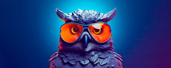 Naklejka premium owl wearing sunglasses on a solid color background, vector art, digital art, faceted, minimal, abstract. Panorama background. Generative AI.