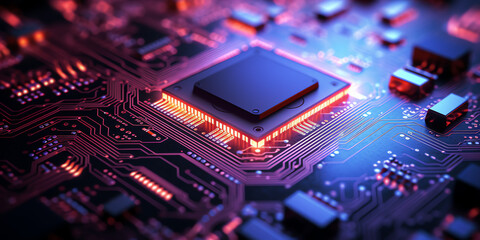Closeup of a microchip and electronic components on a curcuit board with blue, orange and violet neon lights