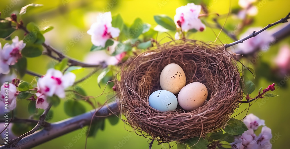 Wall mural Bird Nest with Vibrant Easter Eggs Nestled in a Flowering Tree, Generative AI